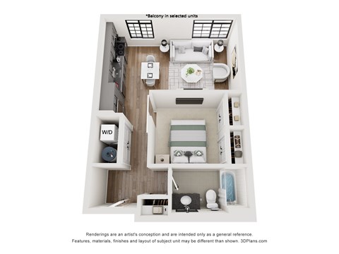 Floor plan for 1 bed, 1 bath, 600 sqft